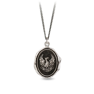 A necklace with a sterling silver chain and a talisman featuring a phoenix design on a black background, fastened with a sterling silver lobster clasp.