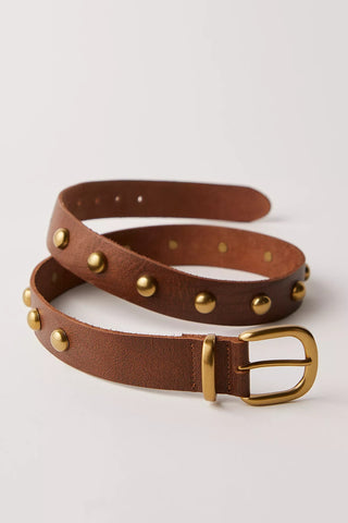 Brown leather belt with gold studs and buckle on a light gray background