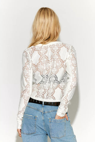 Person wearing a white lace blouse and blue jeans on a plain background