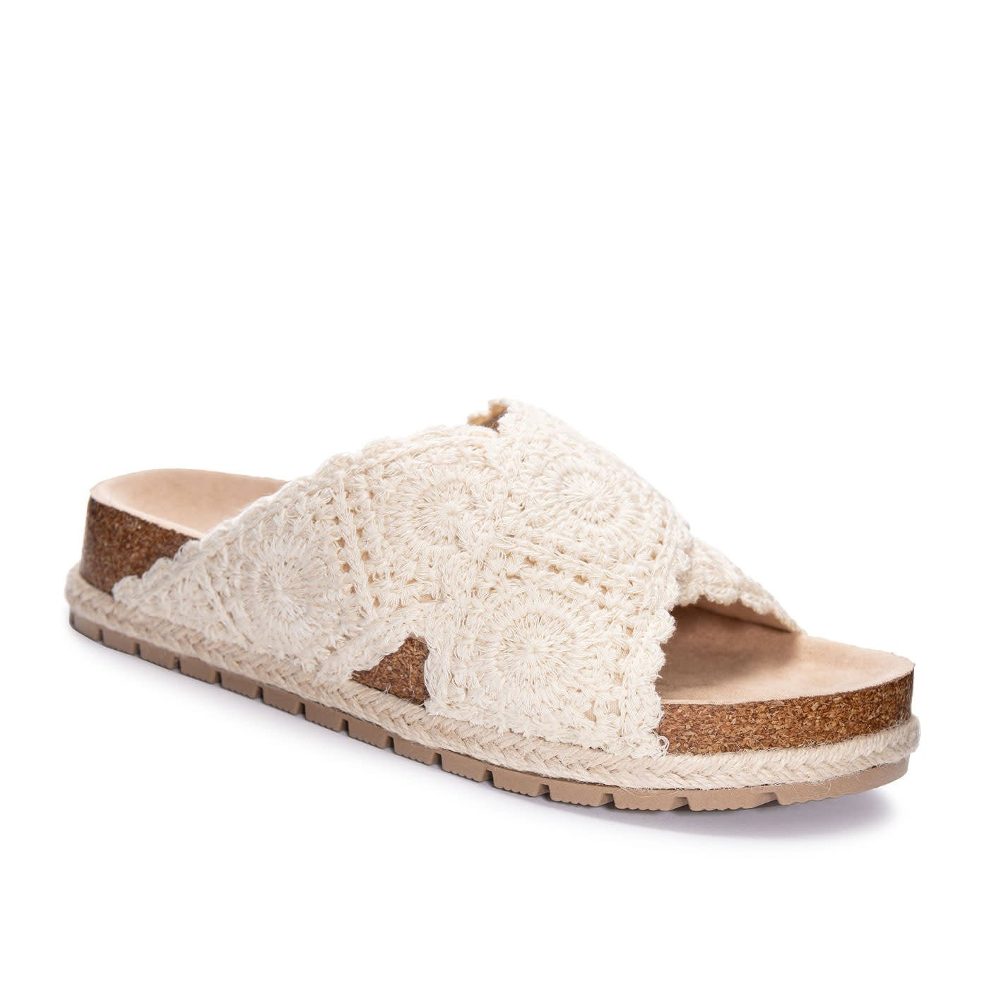 Beige crochet slide sandal on a white background