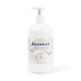 White lotion bottle labeled 'Recover' on a white background