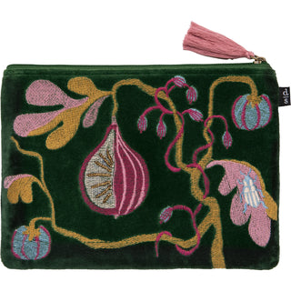 A dark green velvet zipper pouch featuring intricate hand-embroidered botanical motifs in pink, gold, and light blue, complete with a matching pink tassel zipper pull.