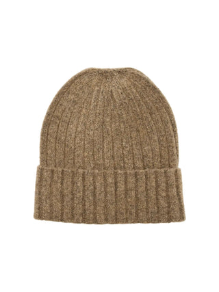 Brown knit beanie on a white background