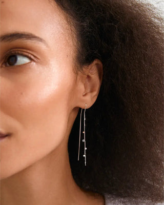 A close-up of a woman's ear wearing a delicate silver dangle earring with small clear stones, shown against her dark hair and skin.