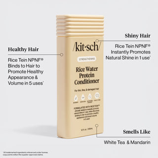 Kit'sch Rice Water Protein Conditioner bottle with text highlighting benefits on a white background