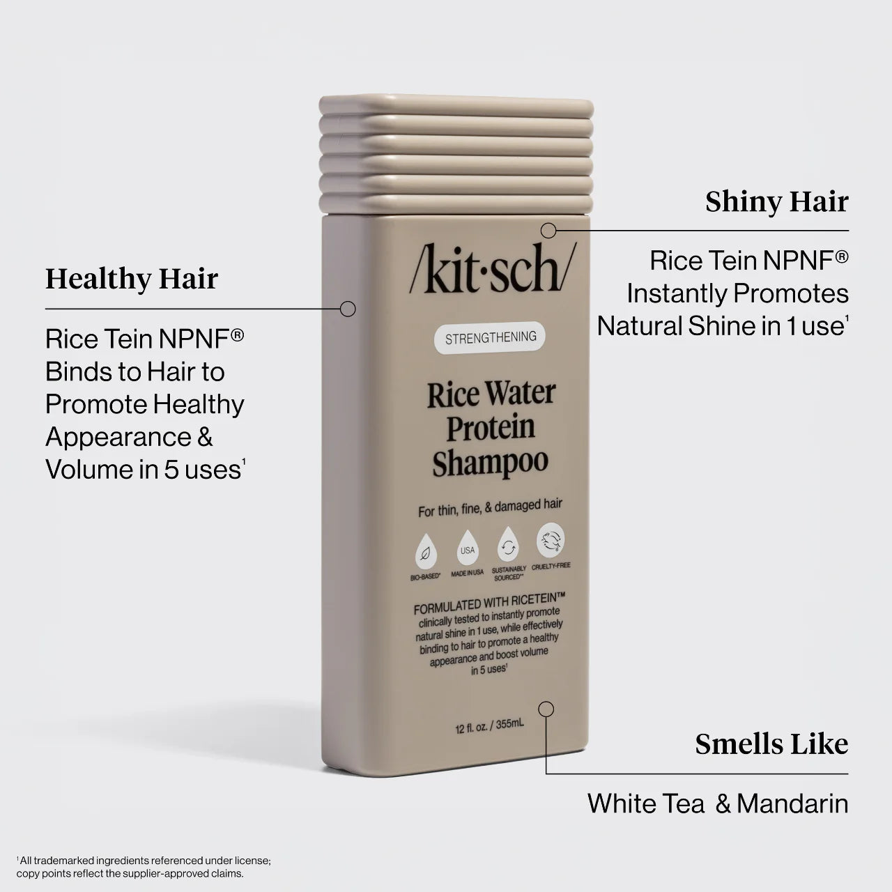 Kit-sch Rice Water Protein Shampoo bottle with text highlighting benefits on a white background