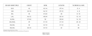 A sizing chart table for Bruntice The Label rugby shirt FW25, showing measurements for chest, hem, length, and numerical size from XS/S to 4XL/5L.