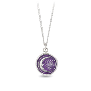 A sterling silver necklace with a circular purple talisman pendant, sustainably cast in recycled silver, with a sterling silver chain and lobster clasp.