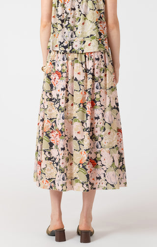 Person wearing a floral dress on a white background