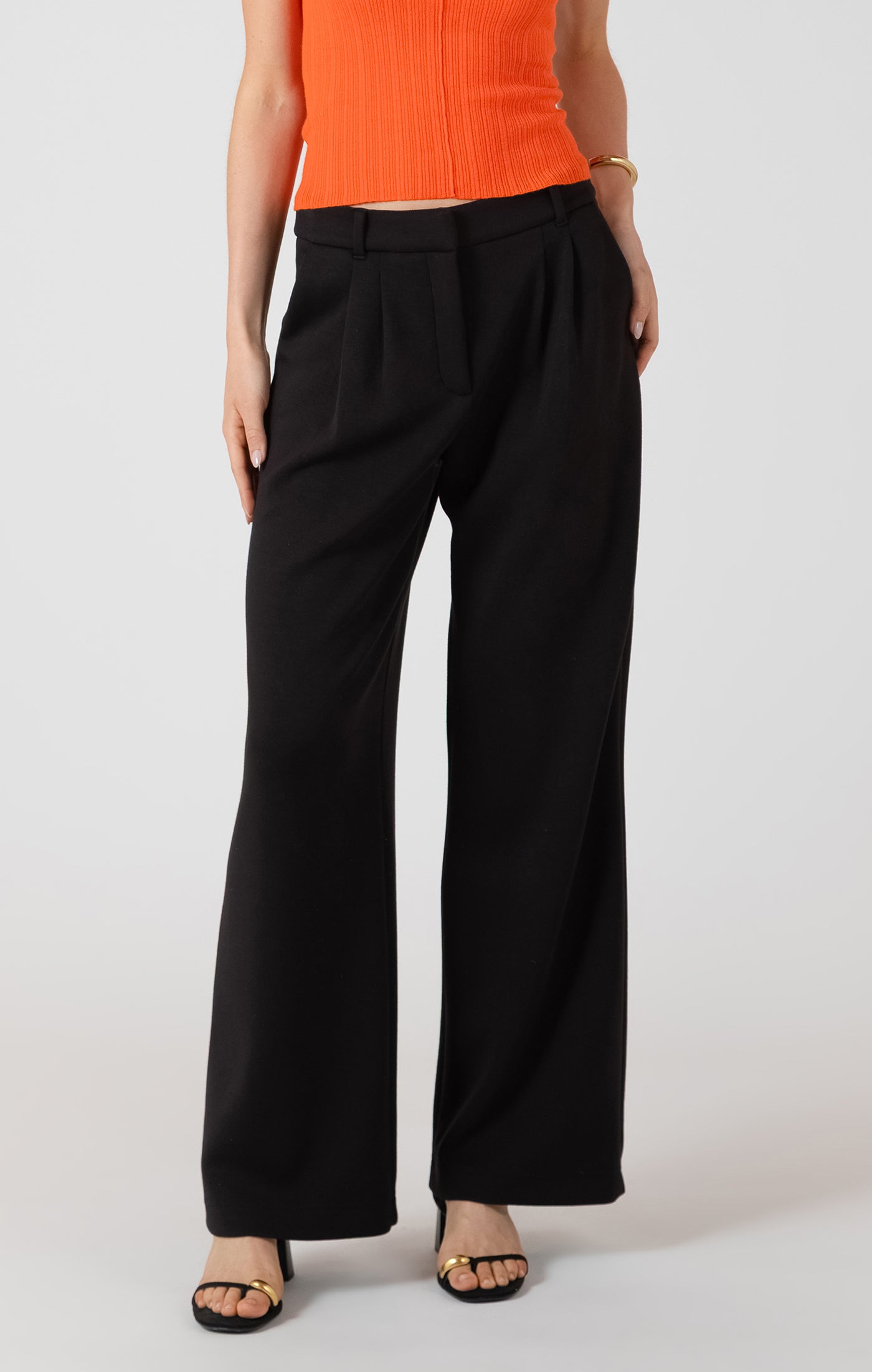 Person wearing black wide-leg pants and an orange top on a white background
