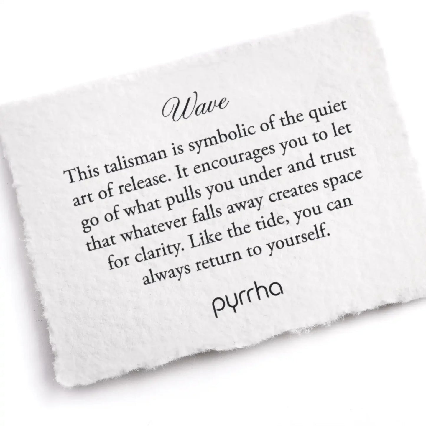 White talisman with black text and 'pyrrha' branding on a white background