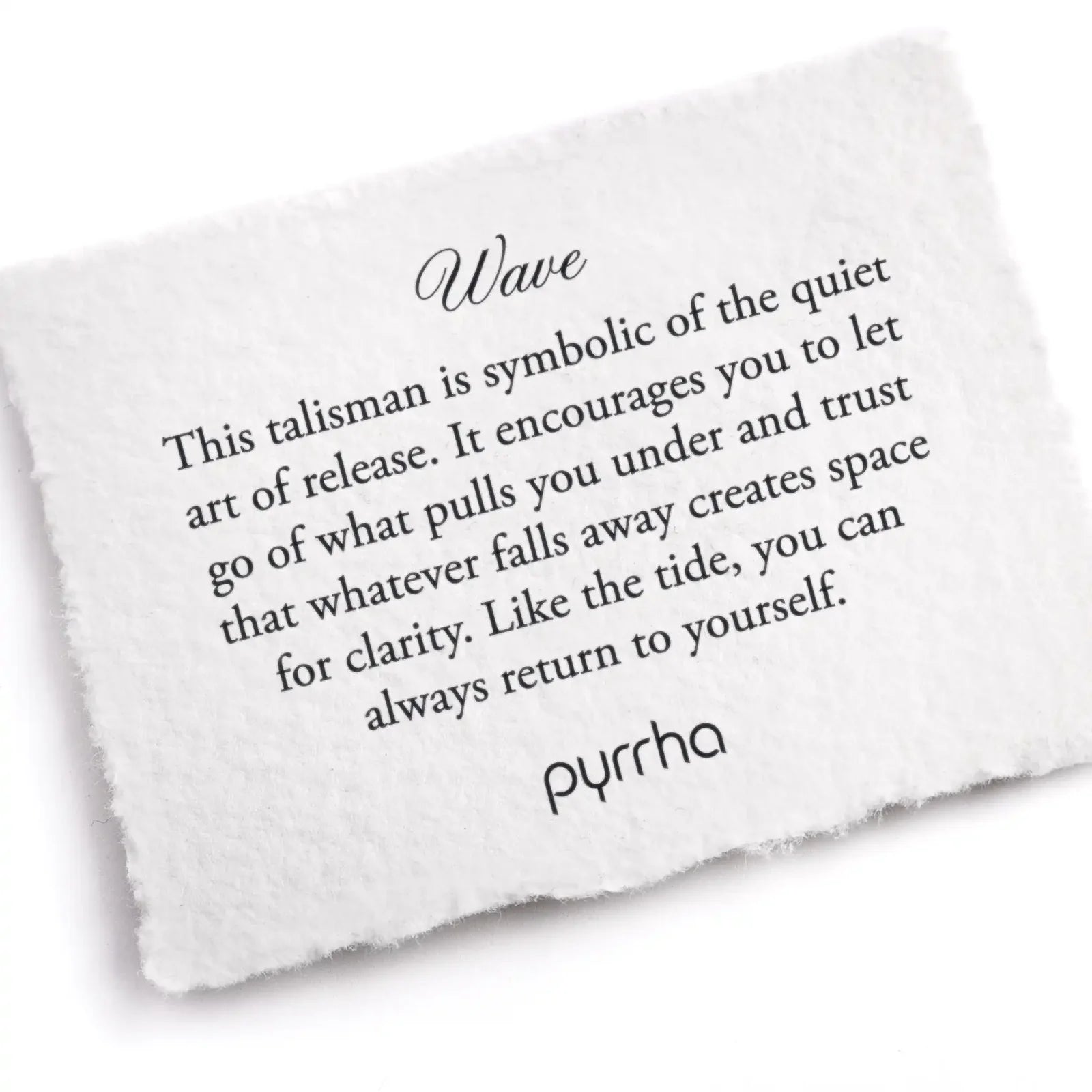 White talisman with black text and 'pyrrha' branding on a white background
