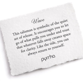 White talisman with black text and 'pyrrha' branding on a white background