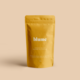 A yellow package of blume Turmeric Blend with a white label displaying the product name and weight '125g = 30 servings'.