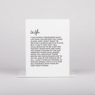 A greeting card with a message printed on it, featuring the word Wife at the top, set against a white background.