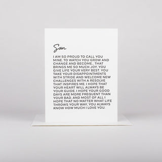 A greeting card with a message printed on it, featuring the word Son at the top, set against a white background.