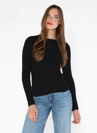 Woman wearing a black crewneck top made of bamboo
