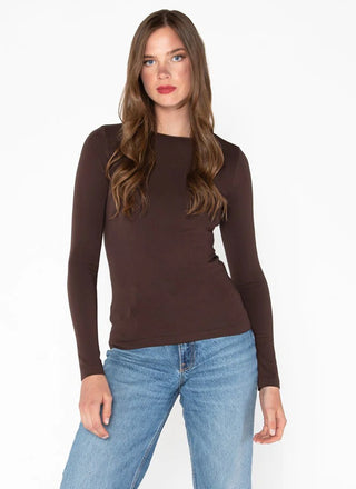 Woman wearing a brown crewneck top made of bamboo