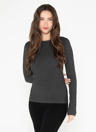 Woman wearing a grey crewneck top made of bamboo
