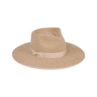 A beige-colored wool fedora hat with a tonal gross grain ribbon trim.