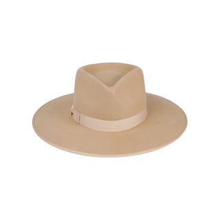 A beige-colored wool fedora hat with a tonal gross grain ribbon trim.