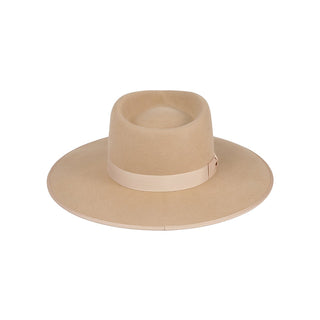 A beige-colored wool fedora hat with a tonal gross grain ribbon trim.
