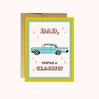 A Father's Day greeting card with an illustration of a foot wearing a sneaker, and the text 'YOU'RE A RAD DAD'. It comes with a kraft envelope.
