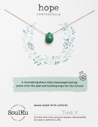 Necklace with chrysocolla stone on a white background with branding and description text.