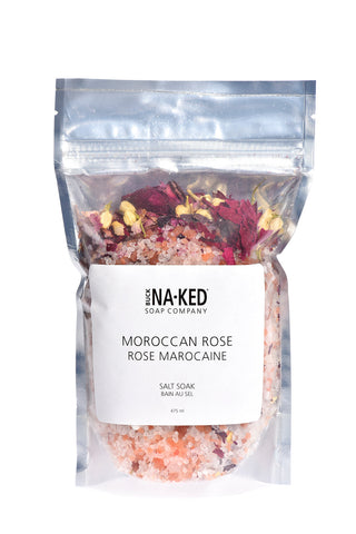 Bag of Moroccan Rose salt soak with visible brand label on a white background