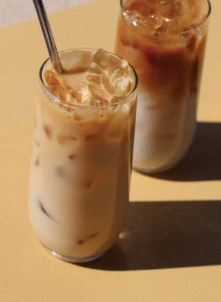 A glass of prepared iced Reishi latte. 