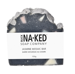 Bar of soap from Buck Naked Soap Company with a white label on a white background