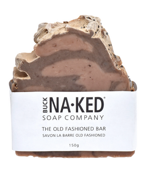 Soap bar with a visible label from Buck Naked Soap Company on a white background