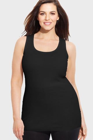 A woman wearing a Bamboo Curvy Classic Tank Top with thick straps and a scoop neckline.