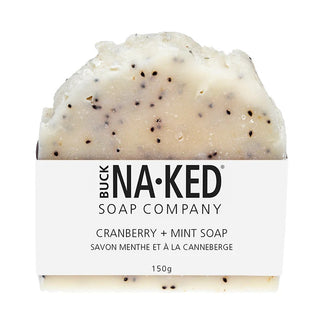 Bar of soap with 'Buck Naked Soap Company' label on a white background